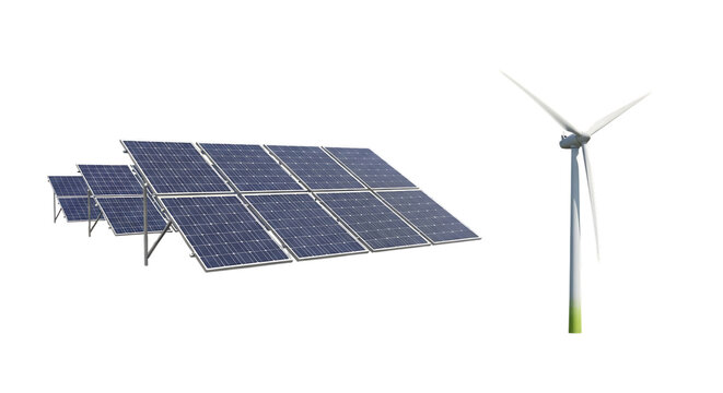 Array of solar panels and a wind turbine, with white blades, isolated on white or transparent background, AI