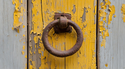 Rustic door knocker on weathered yellow paint. Patina and textures create a unique focal point.