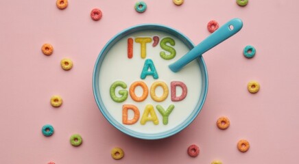 Breakfast Boost: A cheerful bowl of cereal spells out 'It's a Good Day', surrounded by colorful cereal rings, a bright start to a positive day.