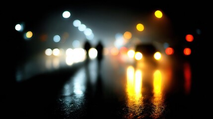 Nighttime Street Scene With Blurred Lights and Figures in a Rainy Urban Setting