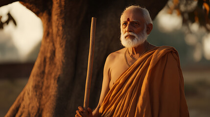 Wise elder in orange robe by ancient tree, holding staff, with serene expression and mark on forehead, bathed in golden sunlight, exuding wisdom.