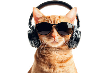 Ginger cat with headphones and sunglasses posed for portrait on a plain background showcasing its coolness and style during a fun indoor moment