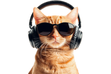 Ginger cat with headphones and sunglasses posed for portrait on a plain background showcasing its coolness and style during a fun indoor moment