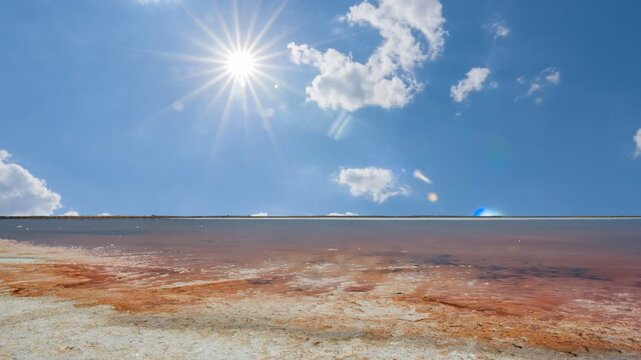 quiet pink soline lake  at the hot sunny day time lapse scene