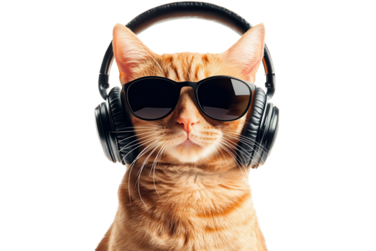 Ginger cat with headphones and sunglasses posed for portrait on a plain background showcasing its coolness and style during a fun indoor moment
