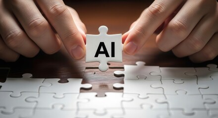 Hands assembling a jigsaw puzzle with ai piece
