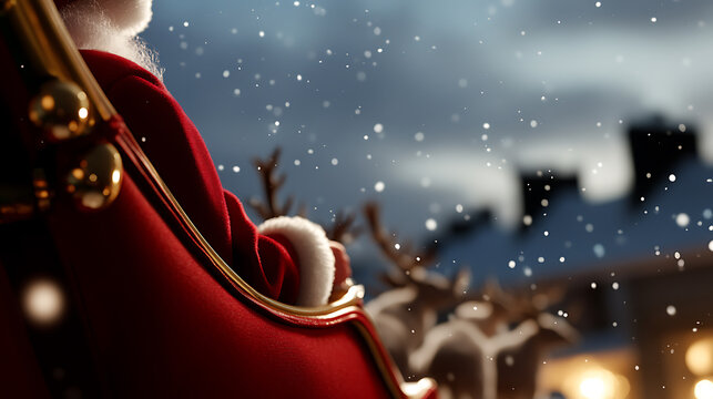 Santa's Sleigh Ride: A festive glimpse of Santa Claus riding in his sleigh through a snowy night sky, reindeer silhouettes in the background. - Powered by Adobe