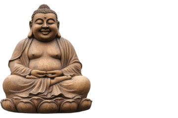 Smiling Buddha statue exuding peace and tranquility in serene setting with soft lighting