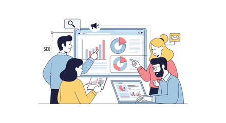 Illustration of team of professionals analyzing business data and charts on a large screen during a meeting