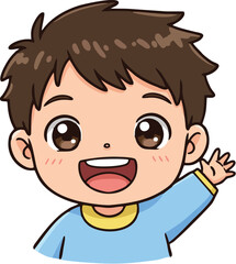 Obraz premium Cartoon illustration of a happy boy with brown hair waving his hand in a friendly greeting.
