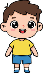 Cartoon illustration of a smiling young boy with brown hair, wearing a yellow shirt and blue shorts, standing upright.