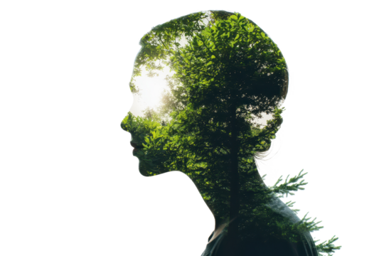 Leader with vision displays determination and wisdom through a double exposure of nature and the human spirit in a serene setting