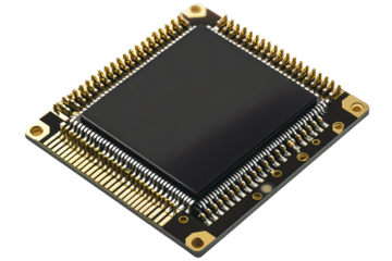 Microchip with intricate gold pins on a circuit board, highlighting advanced technology and precision engineering in electronics
