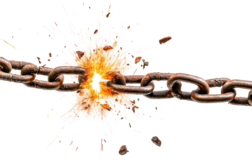 Rusty chain breaking apart with explosive force in a close-up view stressing the strength and fragility of old metal under pressure