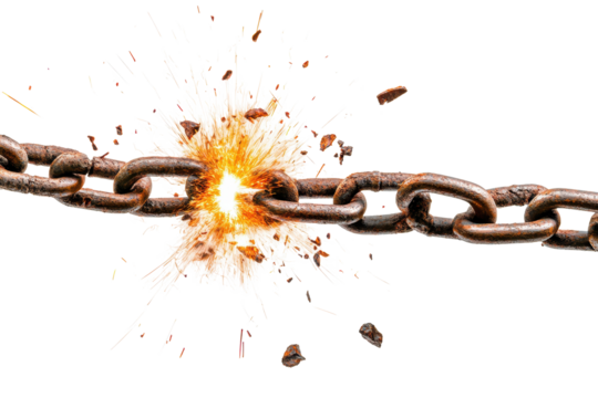 Rusty chain breaking apart with explosive force in a close-up view stressing the strength and fragility of old metal under pressure