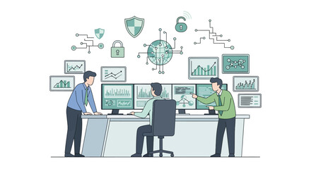 Illustration of team of it professionals monitoring cybersecurity dashboard with data analytics and global network visualization