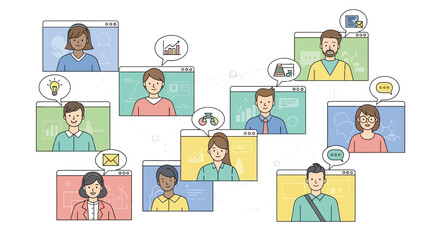 Illustration of diverse group of people engaging in virtual meeting with speech bubbles and icons