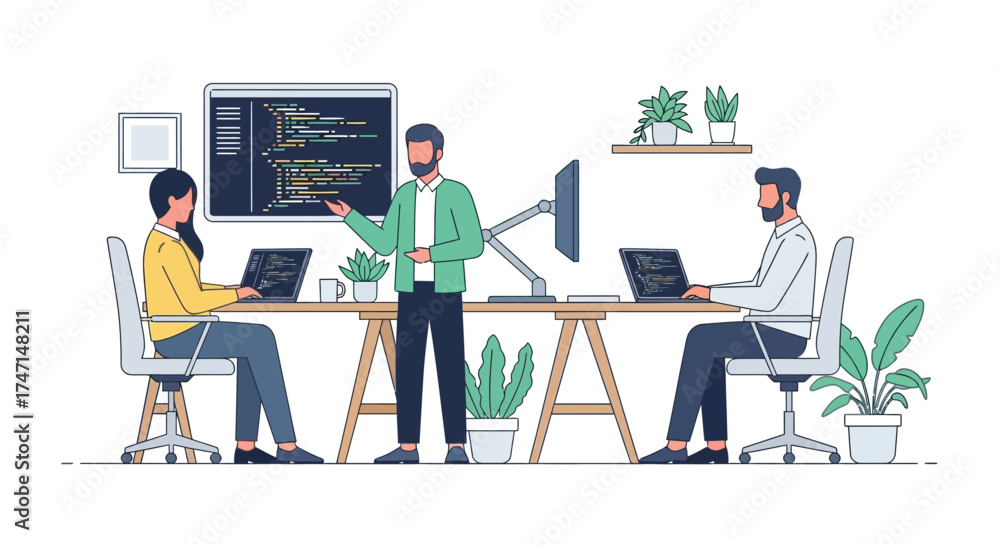 Wall mural illustration of team of developers collaborating on coding projects in modern office with computers 