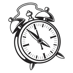 Black and white alarm clock graphic with bold outline