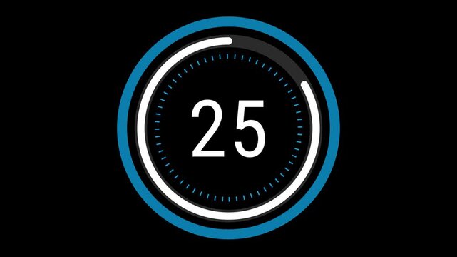 30-second sleek blue and white countdown with a rotating dashed inner ring, a pulsating outer circle, and a decreasing time gauge on a black background. 4K Motion Graphics.