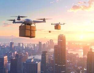 Futuristic drone delivery network swiftly moving packages across a vibrant urban skyline during a picturesque sunrise, showcasing advanced logistical solutions for modern cityscapes
