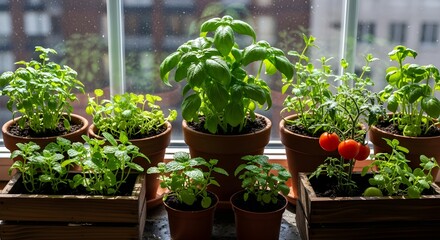 Fresh herbs and tomatoes growing indoors on a windowsill bring the garden inside, offering vibrant flavor and healthy living for urban cooks