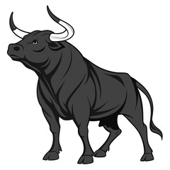 Black bull with long curved horns on white background 1