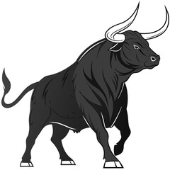 Black bull with long curved horns on white background 2