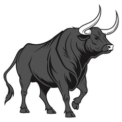 Black bull with long curved horns on white background