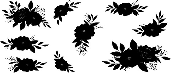 Set of floral elements. Flower red, burgundy, navy blue rose, green leaves. Wedding concept - flowers. Floral poster, invite. Vector arrangements for greeting card or invitation design