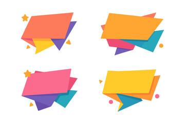 Colorful origami sale banner set. Empty paper labels for retail promotion and online shopping discount. Modern abstract sticker tags for social media ads and website badges.