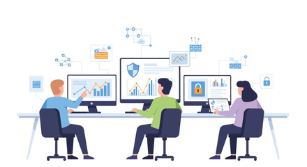 Illustration of team of professionals collaborating on data analysis with computers and digital security