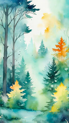 Vertical watercolor autumn forest with soft mist