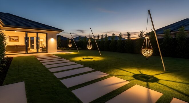 Elegant outdoor lighting illuminating manicured lawn at dusk, creating a warm and inviting ambiance for upscale home living and sophisticated gatherings