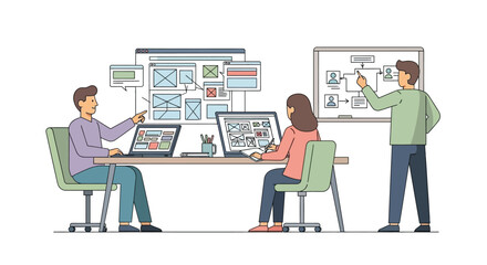 Illustration of team collaborating on digital project with laptops and interactive whiteboard in office