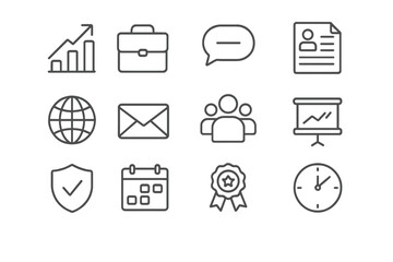 Business and finance thin line icons. Office communication and management outline pictograms. Web and mobile app essentials including chart, target, team, money, calendar, time.