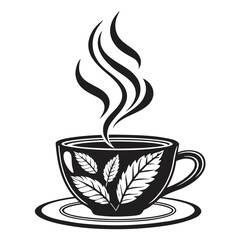 Black coffee cup with steam and leaf design saucer