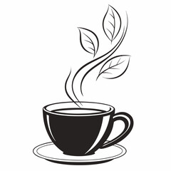 Black coffee cup with steam shaped like leaves saucer