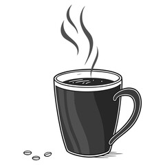 Black coffee mug with steam and coffee beans vector