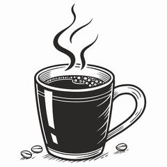 Black coffee mug with steam and beans on white hot drink