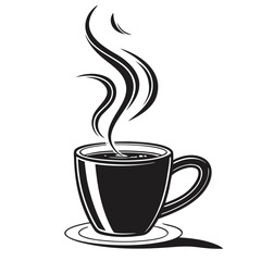 Black coffee mug with steam on white background hot drink