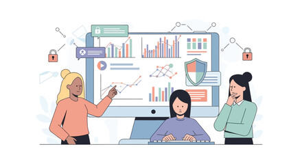 Illustration of team analyzing data visualization on computer screen with security and analytics tools