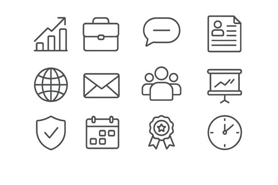 Business and finance thin line icons. Office communication and management outline pictograms. Web and mobile app essentials including chart, target, team, money, calendar, time.