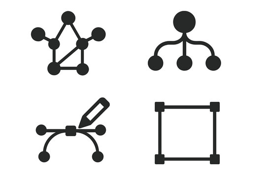Vector graphic design icons set. Network connection, data hierarchy structure, pen tool path, and transform box symbols. Creative process, web, and technology concepts.