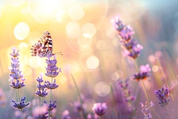 Peaceful sunny landscape featuring butterfly and lavender flowers bathed in golden light with natural bokeh effect