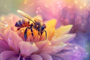 Close-up of a bumblebee pollinating vibrant purple flowers in warm golden sunset light, symbolizing nature and harmony