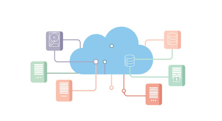 Illustration of modern cloud computing network with interconnected servers and data storage units