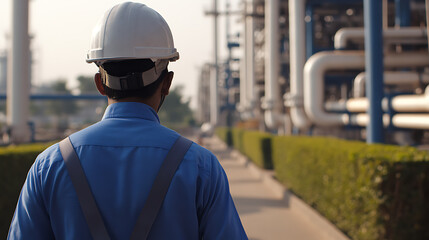 Obraz premium Industrial worker at a plant with pipelines. Engineer in hard hat doing inspection. Safety and construction concept. Infrastructure.