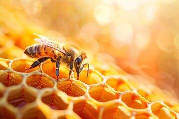 Beekeeping Concept with Macro View of Busy Bees on Honeycomb Cells, Natural Hive Texture and Detail