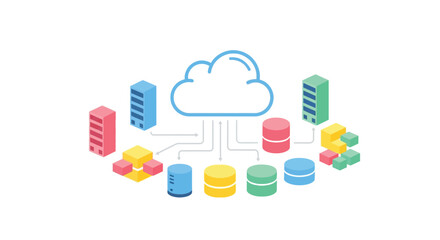 Illustration of modern cloud computing and data storage network with servers and databases